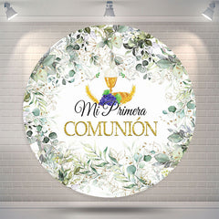 Lofaris Mi Primera Comunion Green Leaves Circle Baptism Backdrop