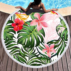 Lofaris Monstera Pink Hibiscus Round Beach Towel With Fringe