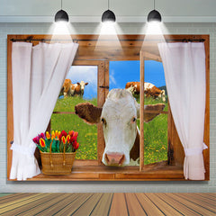 Lofaris Moo Come In Window Sunny Spring Field Backdrop