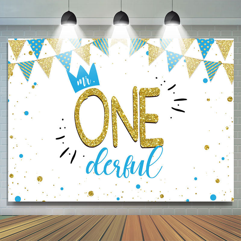 Lofaris Mr.Onederful Bule and Gold 1st Birthday Backdrop Boy