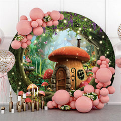 Lofaris Mushroom House Floral Forest Round Birthday Backdrop