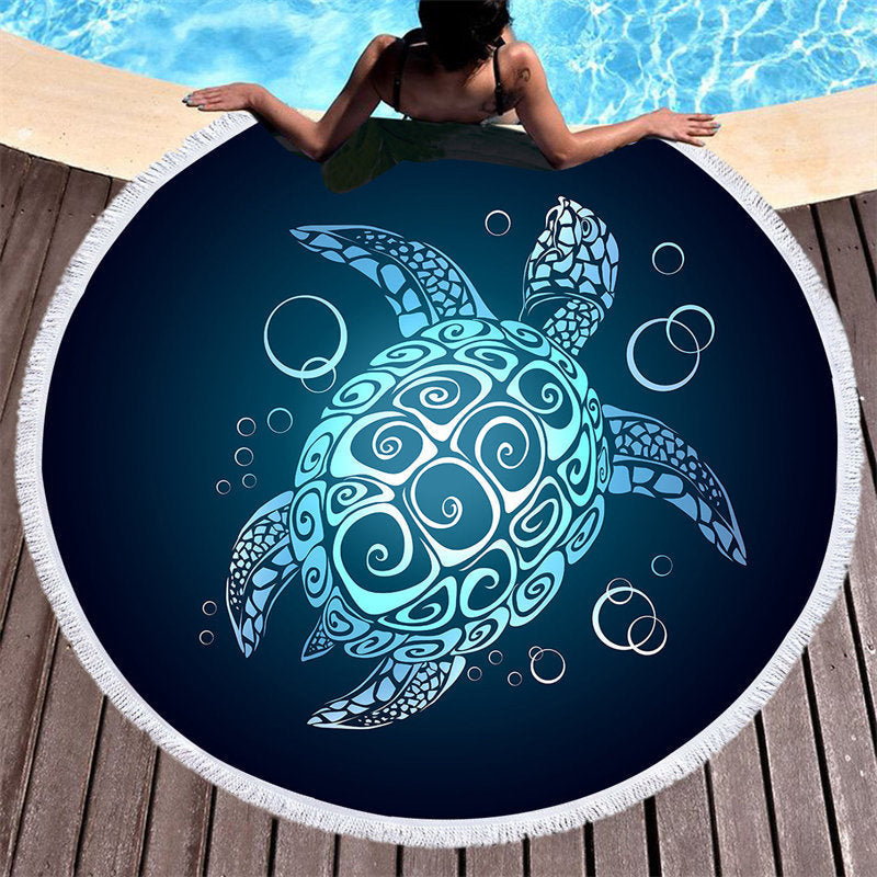 Lofaris Mystic Blue Turtle Black Round Beach Towel With Fringe