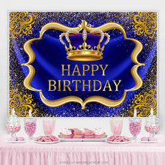 Lofaris Navy Blue And Glod Brown Crown Happy Birthday Backdrop