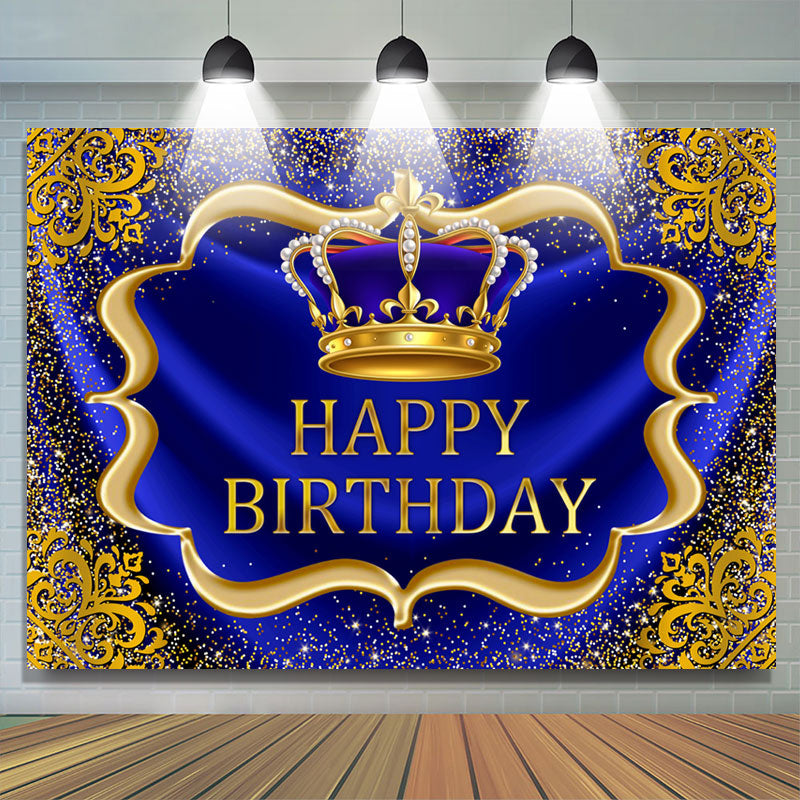 Lofaris Navy Blue And Glod Brown Crown Happy Birthday Backdrop