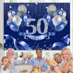 Lofaris Navy Blue Balloon Ribbion Happy 50Th Birthday Backdrop