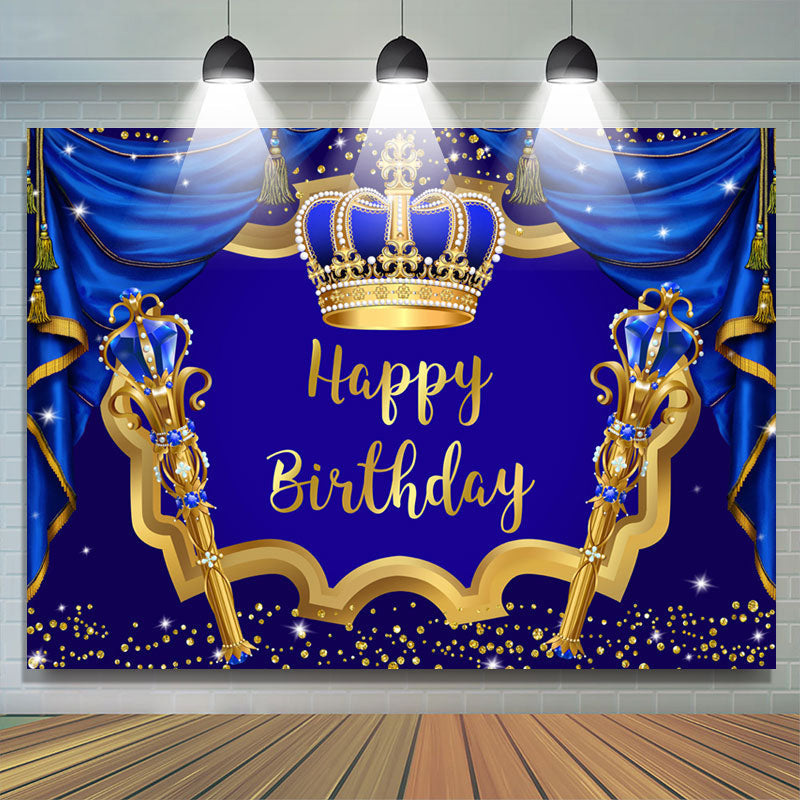 Navy Blue Curtain Gold Crown Happy Birthday Backdrop