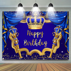 Lofaris Navy Blue Curtain Gold Crown Happy Birthday Backdrop