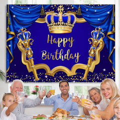 Lofaris Navy Blue Curtain Gold Crown Happy Birthday Backdrop