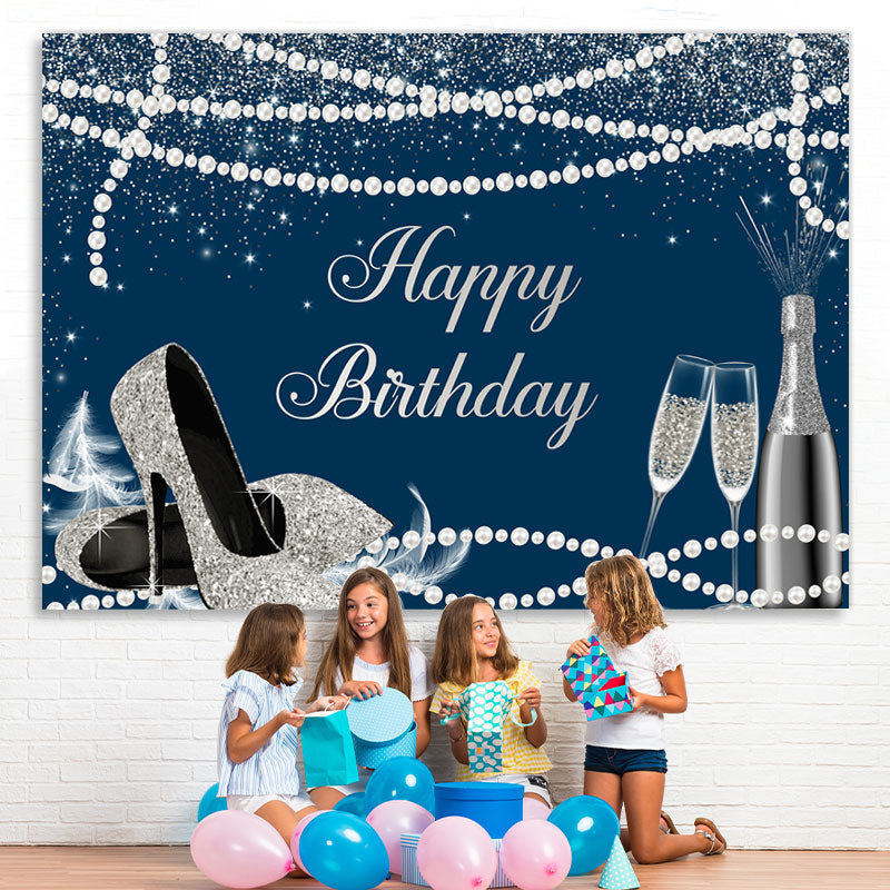 Glitter Silver and Navy Blue Happy Birthday Backdrop