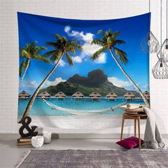 Lofaris Navy Blue Sky And Mountain Beach Holiday Wall Tapestry