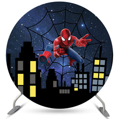 Lofaris Night Glitter Round Cartoon Hero Happy Birthday Backdrop