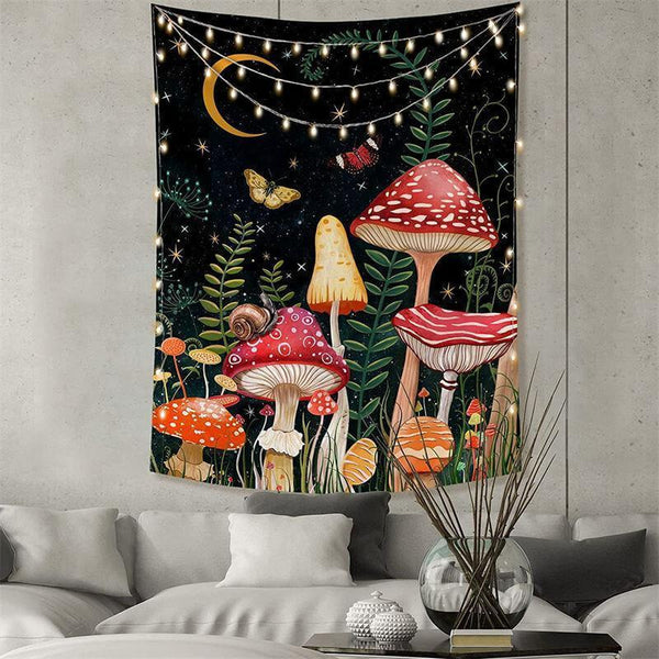 Night Sky Mushroom And Star Moon Butterfly Wall Tapestry – Lofaris