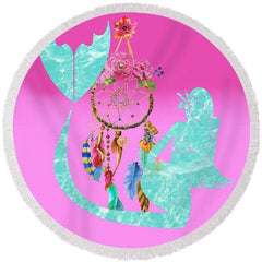 Lofaris Ocean Mermaid Dream Catcher Round Pink Beach Towel