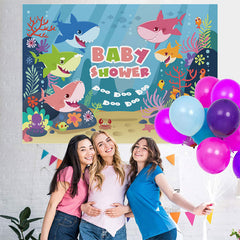 Lofaris Ocean Shark Themed Blue Baby Shower Party Backdrop