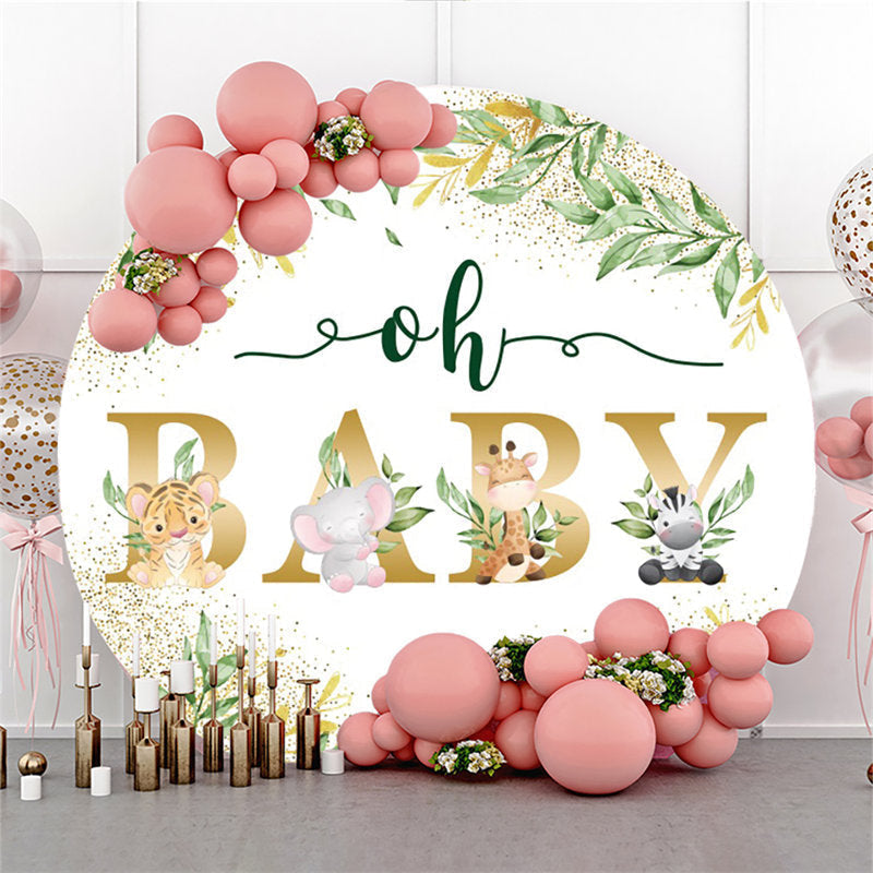 Lofaris Oh Baby Green Leaves Gold Glitter Shower Backdrop