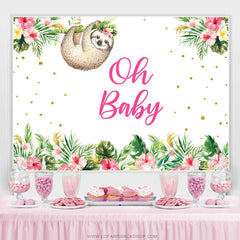 Lofaris Oh Baby Pink Floral Sloth Shower Backdrop Banner