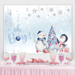 Lofaris Oh Baby Snowy Penguin Blue Backdrop for Shower