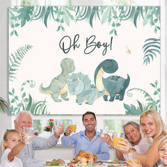 Lofaris Oh Boy Greenery Dinosaurs White Baby Shower Backdrop