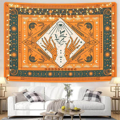 Lofaris Orange Hand And Sun Eyes Bohemian Moon Wall Tapestry