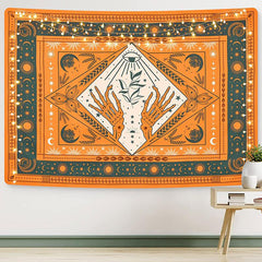 Lofaris Orange Hand And Sun Eyes Bohemian Moon Wall Tapestry