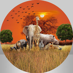 Lofaris Orange Sky With Animal Wordland Roung Birthday Backdrop