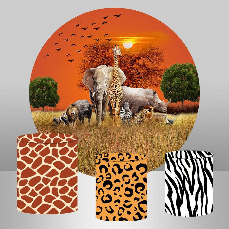 Lofaris Orange Sky With Animal Wordland Roung Birthday Backdrop