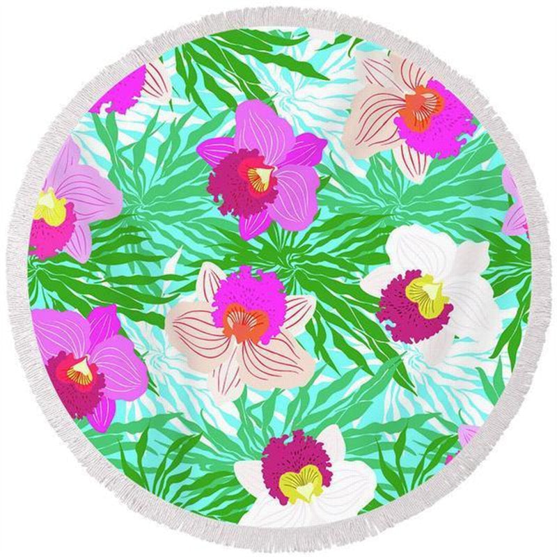 Lofaris Orchid And Leaves Circle Hawaii Style Beach Blanket