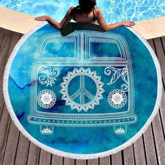 Lofaris Peace Sign Bus Blue Texture Round Beach Blanket