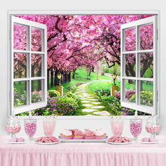 Lofaris Peach Blossom And Grassland White Window Theme Backdrop