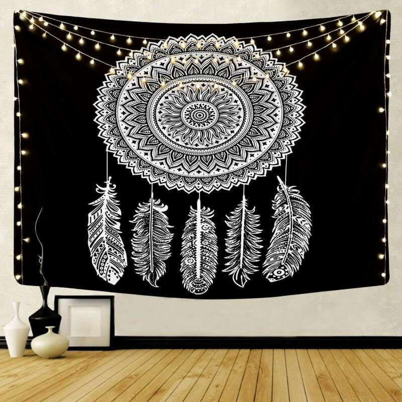 Lofaris Pendant Feather Bohemian Black And White Wall Tapestry