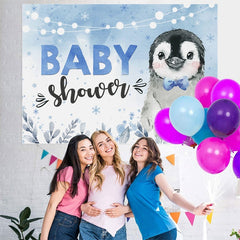 Lofaris Penguin Blue Winter Baby Shower Backdrop for Party