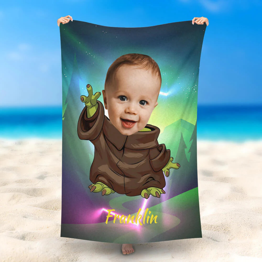 Lofaris Personalized Baby Yoda Mountain Sunglow Beach Towel