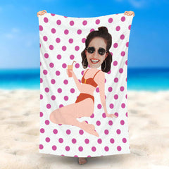 Lofaris Personalized Bikini Girl Face Purple Dots Beach Towel