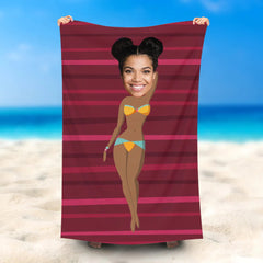 Lofaris Personalized Bikini Red Stripe Beach Towel With Photo