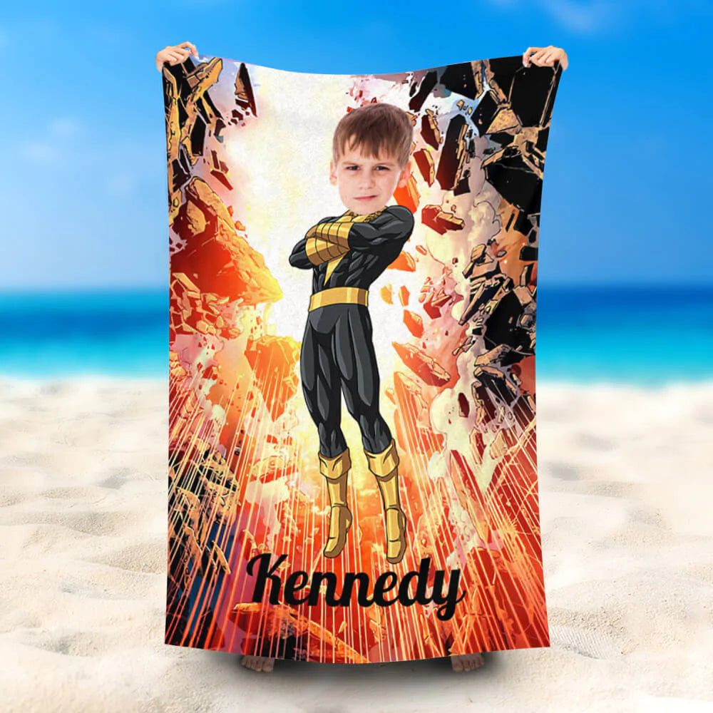 Lofaris Personalized Black Adam Boy Beach Towel With Photo