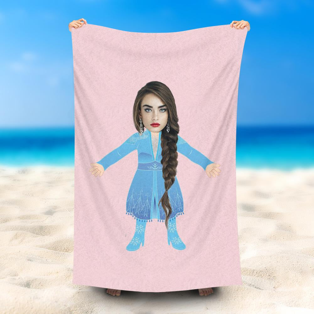 Lofaris Personalized Blue Dress Lady Pink Beach Towel With Photo