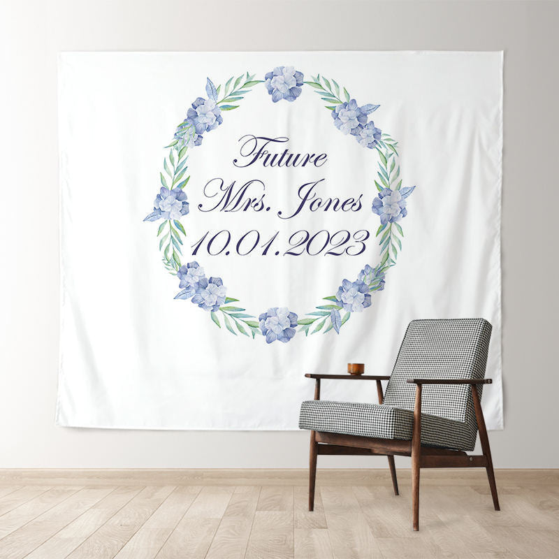 Lofaris Personalized Blue Floral Wreath Bridal Shower Backdrop Banner