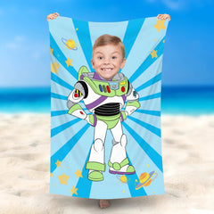 Lofaris Personalized Blue Stripe Bazz Lightyear Beach Towel