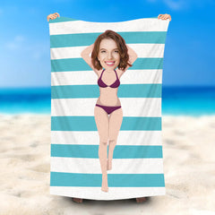 Lofaris Personalized Blue Stripe Bikini Beach Towel With Photo