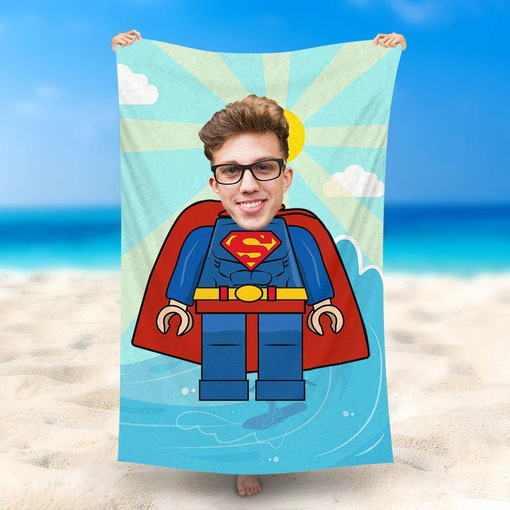 Lofaris Personalized Blue Superman Print Photo Beach Towel