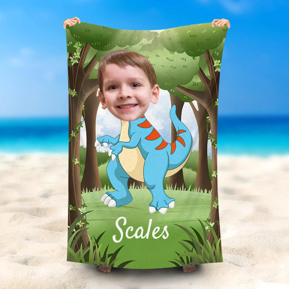 Lofaris Personalized Blue Tyrannosaurus Rex Boy Beach Towel