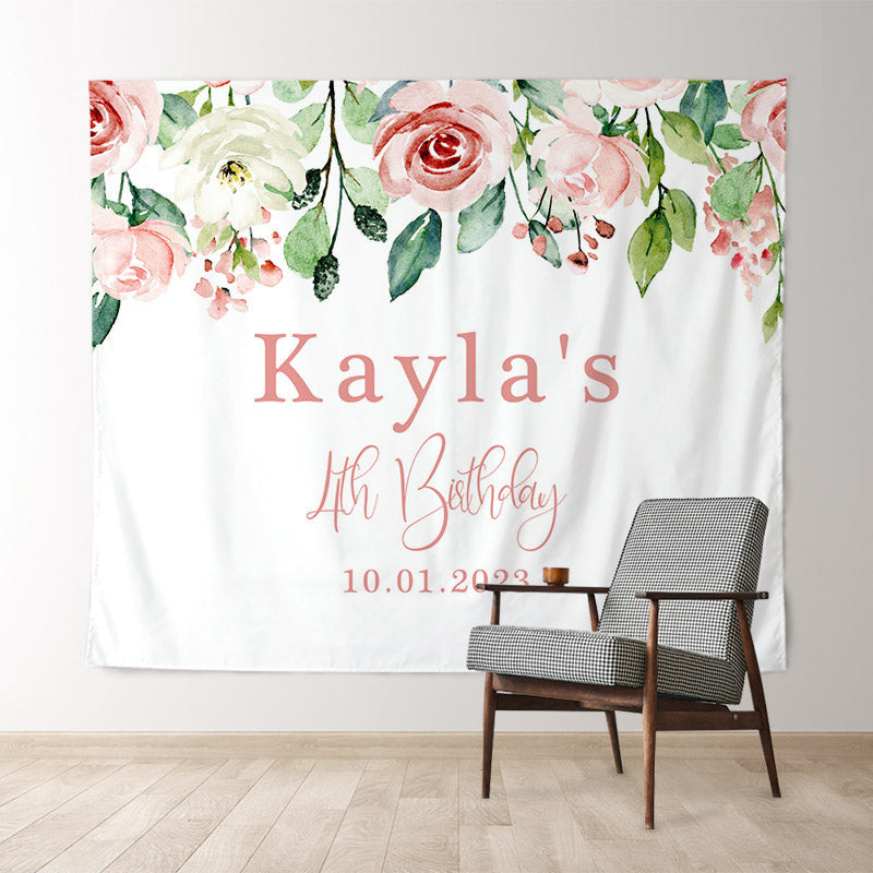 Lofaris Personalized Blush Floral Greenery Birthday Backdrop Banner