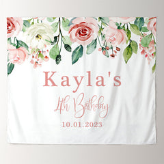 Lofaris Personalized Blush Floral Greenery Birthday Backdrop Banner