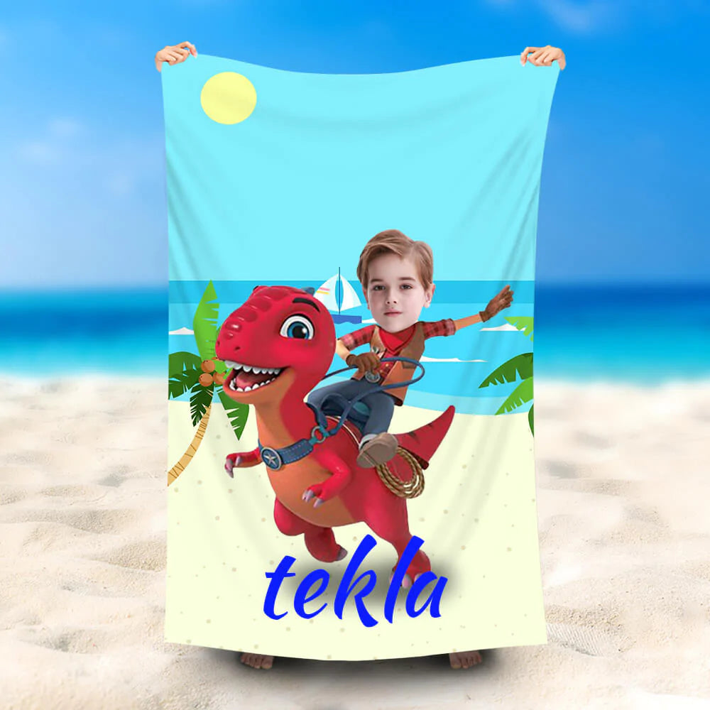 Lofaris Personalized Boy Red Dinosaur Seaside Beach Towel