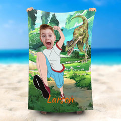 Lofaris Personalized Boy Runing Forest Dinosaur Beach Towel