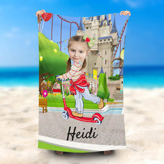 Lofaris Personalized Castle Scooter Girl Photo Beach Towel