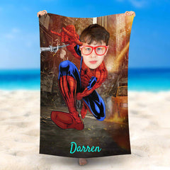 Lofaris Personalized Cool Spiderboy City Beach Towel With Photo