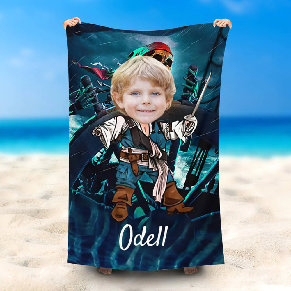 Lofaris Personalized Cute Captain Jake Photo Boy Beach Towel