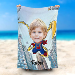 Lofaris Personalized Cute Flying Spiderboy City Beach Towel