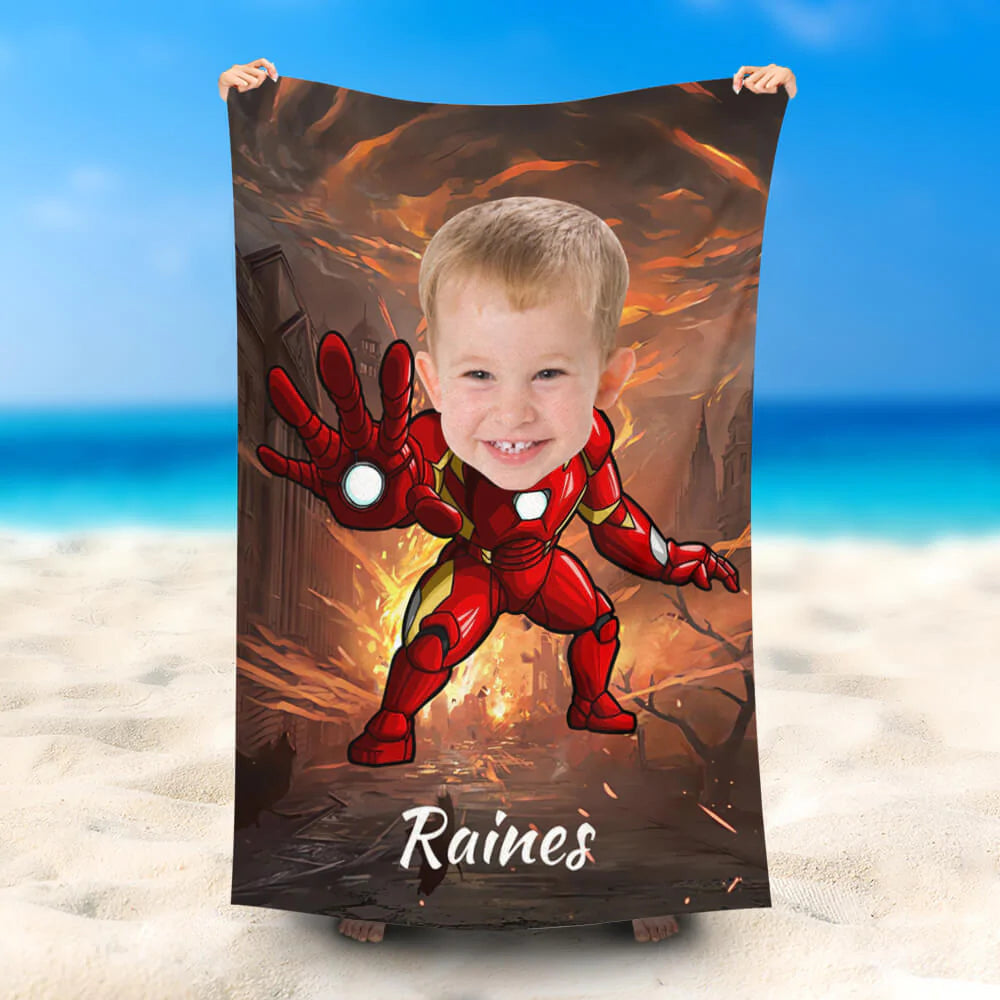 Lofaris Personalized Cute Ironboy Finghting Name Beach Towel